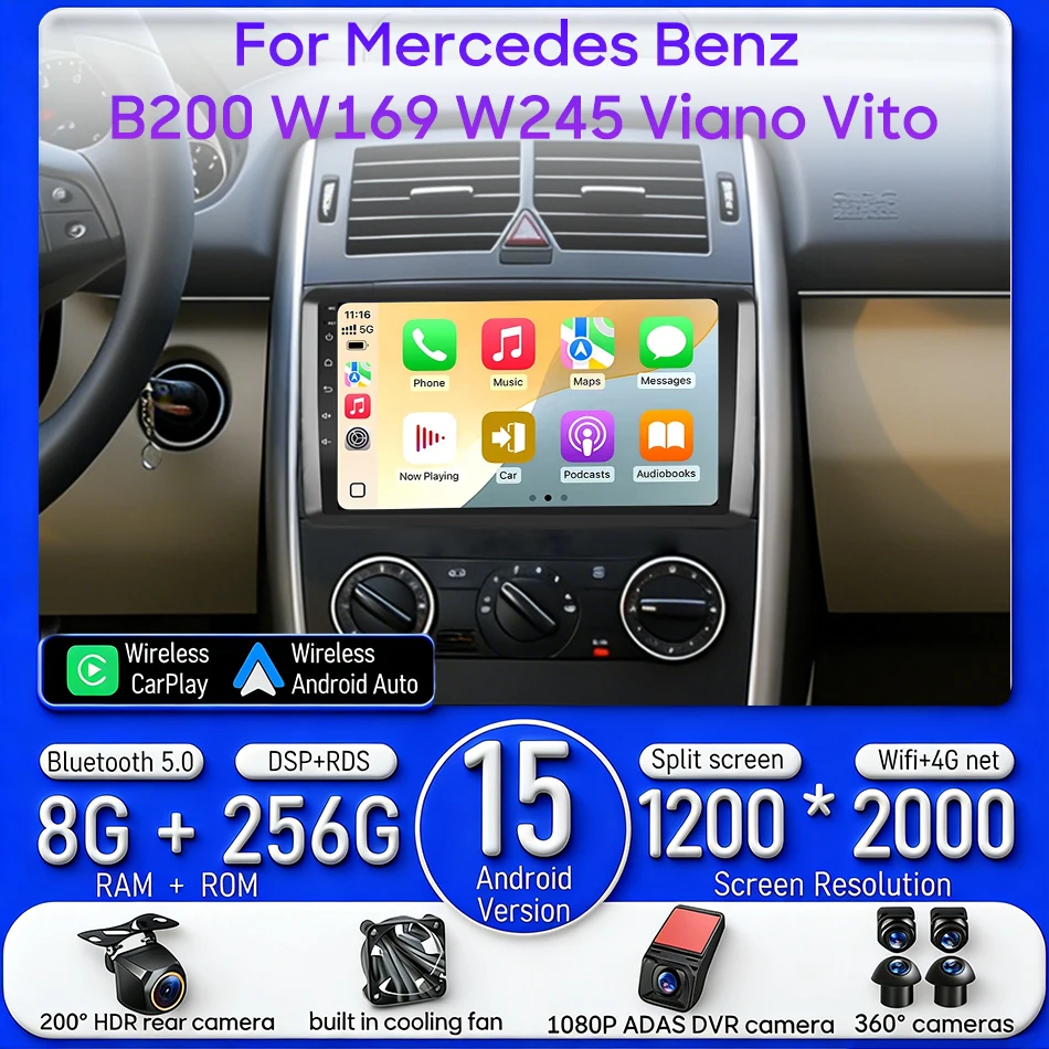 Android 15 Car Radio Multimedia Video Player Carplay Auto Navi GPS 4G Wifi for Mercedes Benz W169 W245 B200 W906 Sprinter W639
