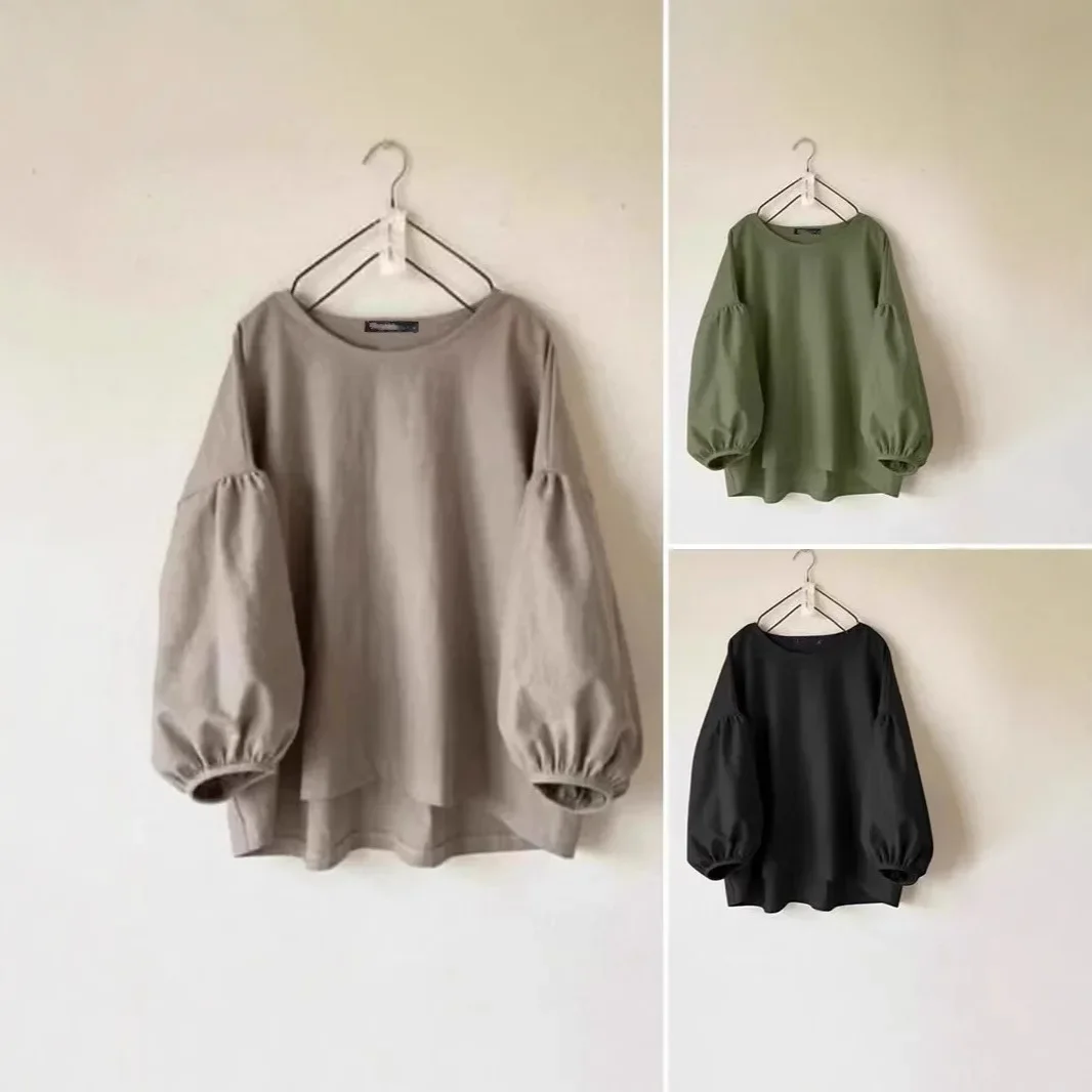 

2026 Spring Women's Loose Retro Shirt Casual Solid Color Round Neck Lantern Sleeve Work Shirt