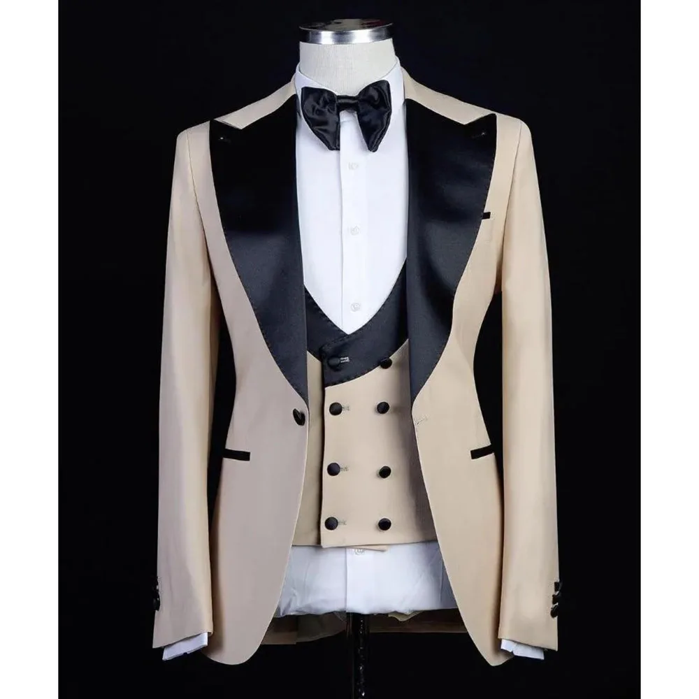 

Khaki Men's Suits Formal Occasion Full Set Chic Blazer Black Peak Lapel Single Breasted Fashion 3 Pcs Jacket Pants Vest Costume