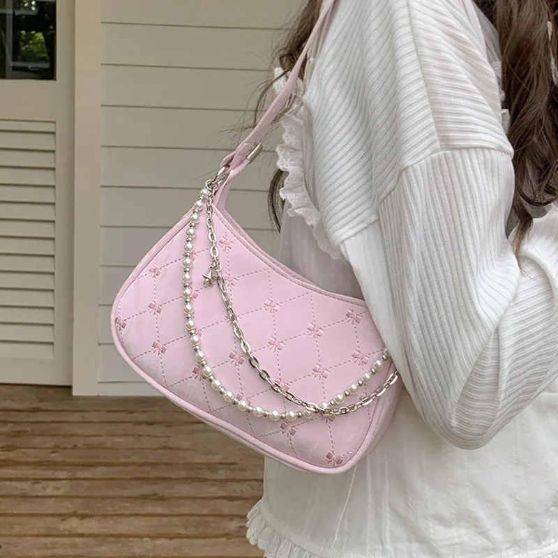 Pink Womens Shoulder Bag Elegant Cute Bow Pearl Chains Bow Embroidery Handbag Casual Leather Korean Fashion Female Handbag