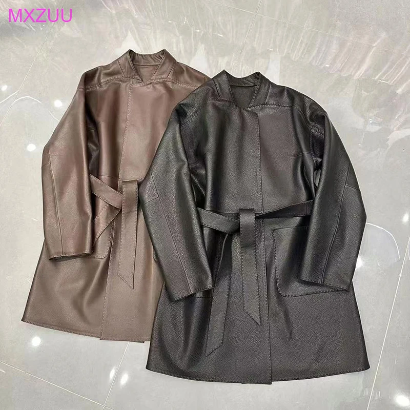 Women's Genuine Leather Jacket Autumn High End Imported Goatskin Lychee Pattern Long Loose Lazy Temperament Ladies Leather Coat