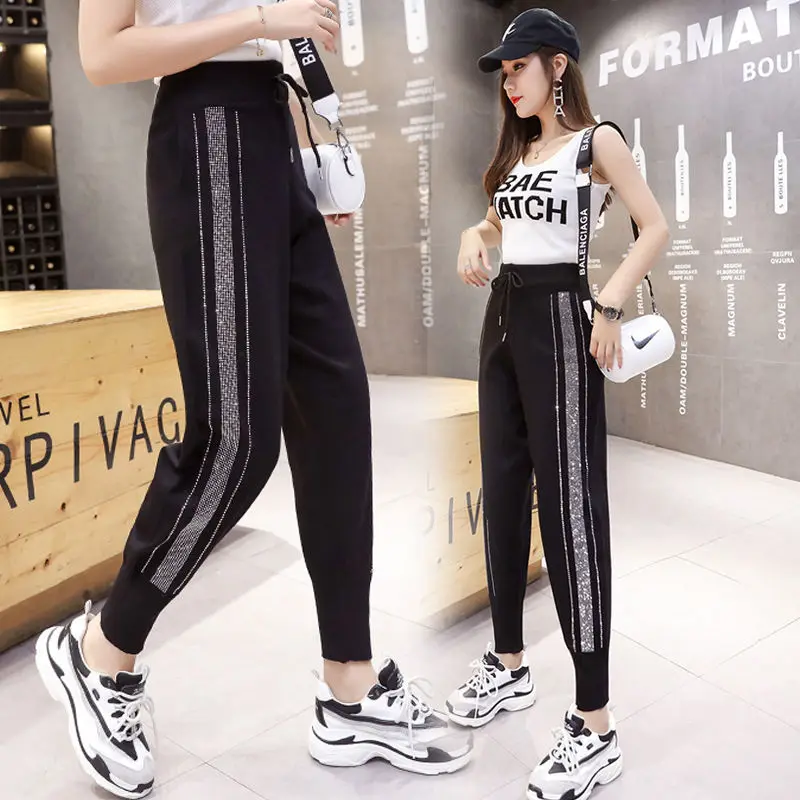 Womens Harem Pants Diamonds Rhinestone Hot Drilling OL Lady Sweatpants Female Baggy Pants High Waist Black Loose Wide Leg Harlan