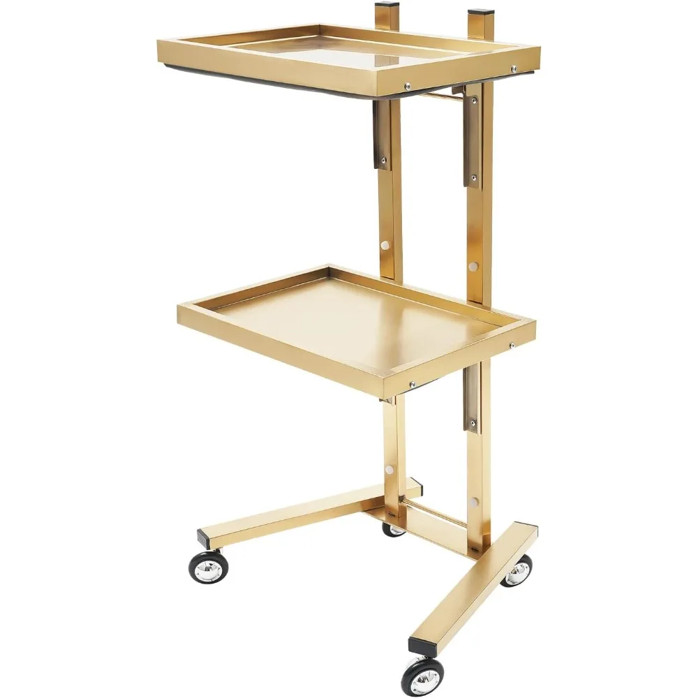 صينية صالون على عجلات، عربة دوارة ذهبية بسعة طبقتين، قاعدة على شكل حرف H، عربة تجميل، صينية مصفف شعر، حافة مستديرة #1
