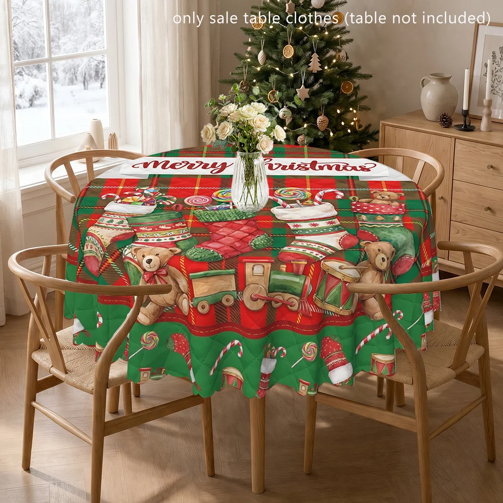 Round tablecloth, indoor and outdoor - Merry Christmas socks and toy print table covers with holiday stocking patterns
