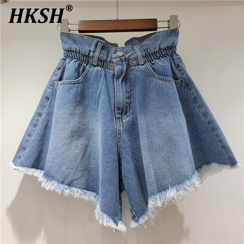 

HKSH Summer New Women's Tide Chic Ins High Street Vintage Frayed Hem Denim Shorts Elastic Waist High Waist Wide Leg Pants HK5966