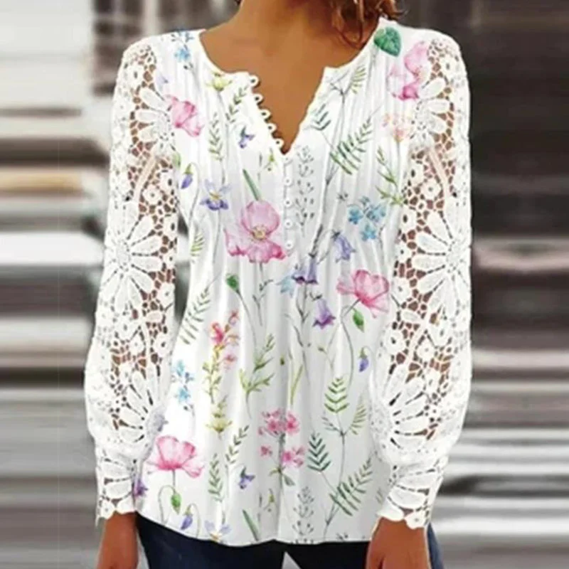 Imagem -03 - Blusa Vintage com Decote em v Bordada Feminina Oco Tops de Renda com Flores Pulôver de Manga Comprida Camisa Casual Primavera e Verão 2023