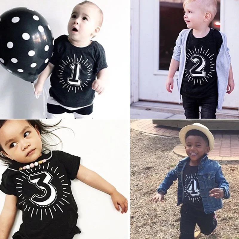 Black Tshirt Kids Number 1 2 3 4 Print Boys Short Sleeve Birthday Party T-shirts Children Baby Girl Summer Tops Unisex Tee Tops