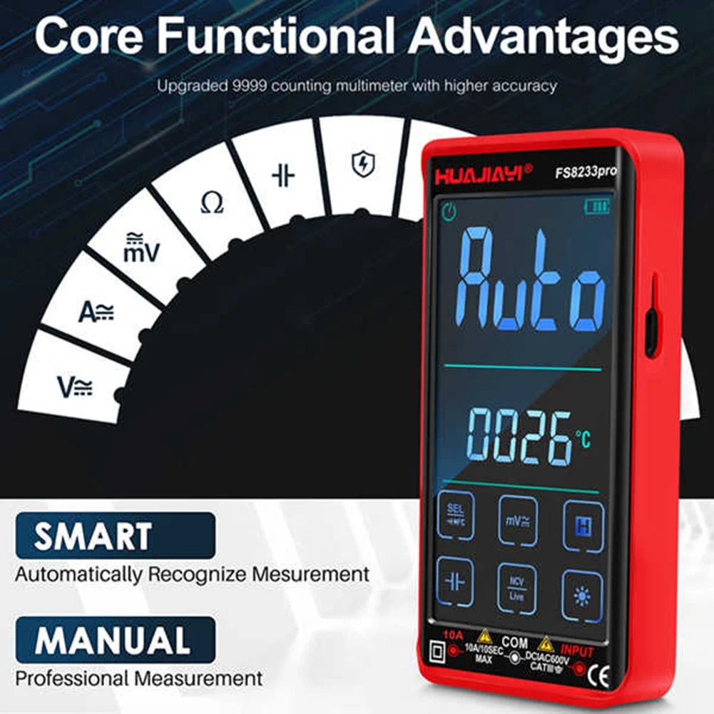 FS8233PRO ekran dotykowy inteligentny multimetr cyfrowy DC/AC 10A tranzystor Multimetro, 9999 liczy prawdziwy zakres Rmsauto czarny