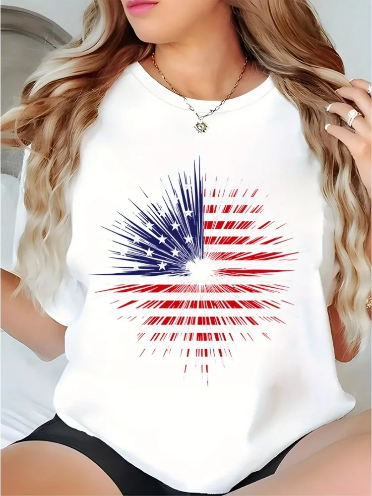 

Women's Cotton Crew Neck Loose-Fit T-Shirt with Flag Fireworks Print Holiday Pattern T-Shirt Knit Fabric Top