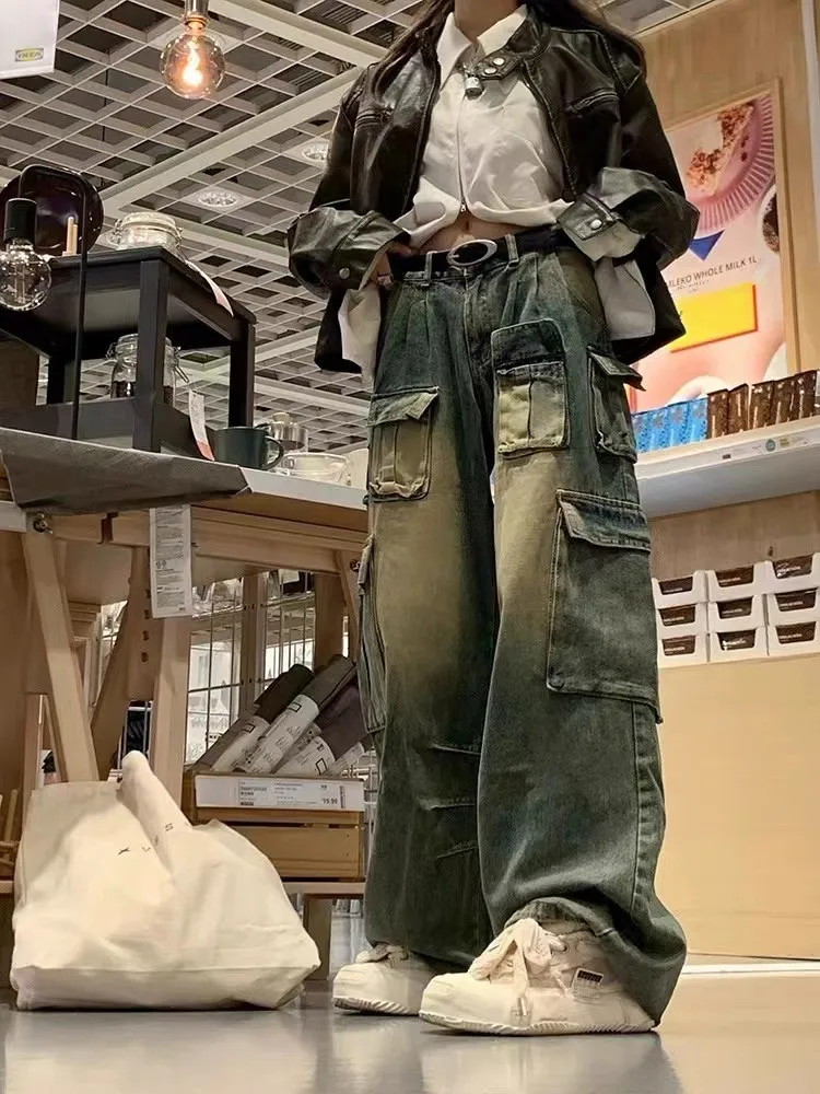Pantaloni lunghi in denim da lavoro retrò americano Waed Primavera Autunno Trendy Brand Multi ket Pantaloni larghi a gamba dritta a gamba larga