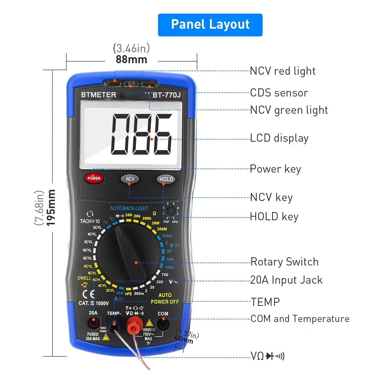 Imagem -03 - Holdspeak-carro Digital Automotivo Multímetro Hp770j Trilha Manual Volt Detectorvelocidade Rpm Hp605a Braçadeira Meter 600a ac dc