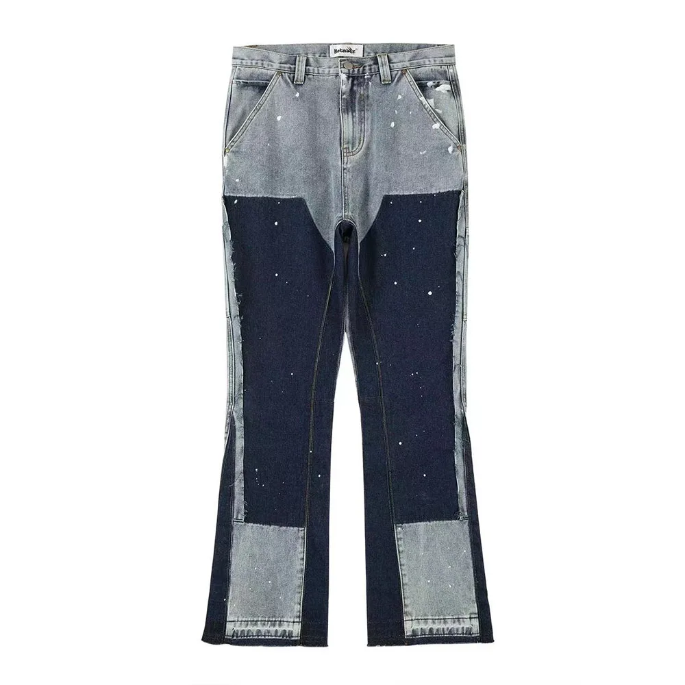 

High Street Spliced Speckled Ink Micro Flare Pants for Men Cleanfit Casual Washed Baggy Straight Denim Trousers Y2K Jeans