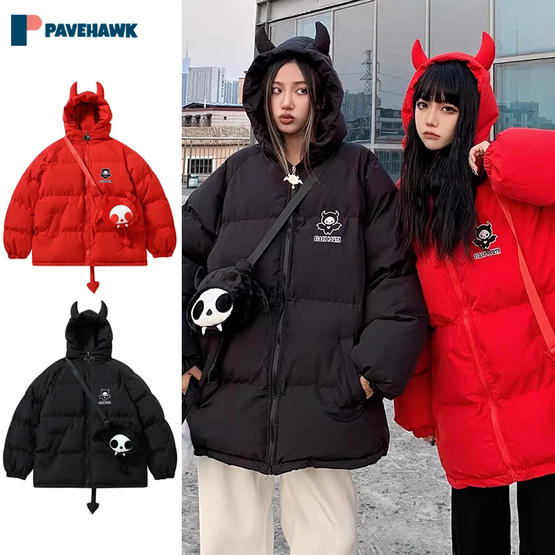 

Winter Hooded Jackets Parkas Men Woman Hip Hop Devil Horns Wing Tail Bubble Coats High Street Thicken Warm Outwear with Doll New