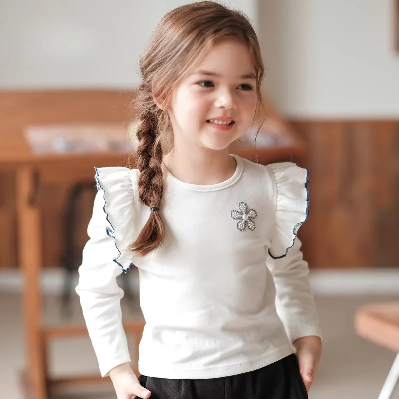 

Shirts Girls T-shirt Long Sleeved Cotton White Flying Sleeve Childrens Bottom Shirt Spring Autumn Top 2025