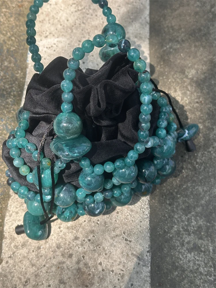 Retro Designer LuxurySea Green Mesh Bag Beaded Fashion Purse Summer Beach Women Mini Handbag