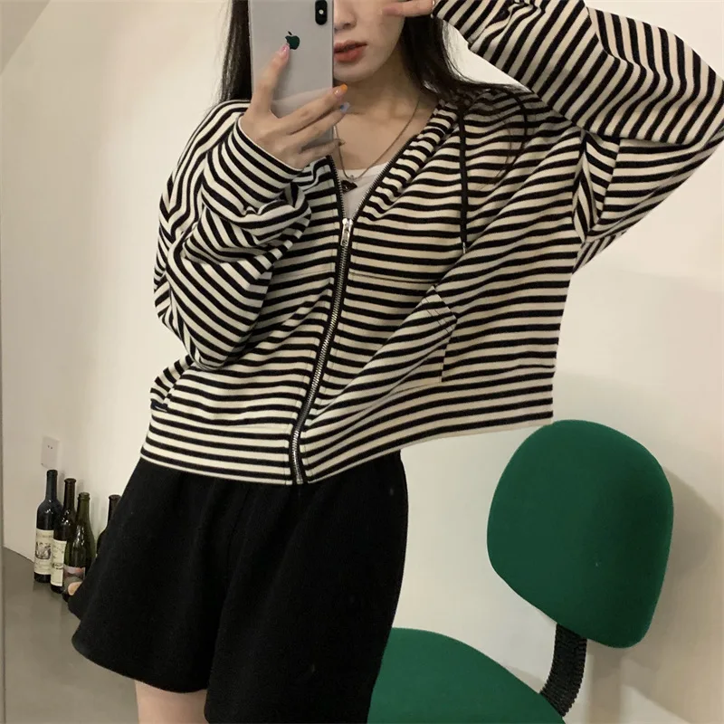 2023 Autumn Women Striped Hoodies Sweatshirt Long Sleeve Hooded Zipper Pockets Jackets Casual Tracksuit Female Clothes