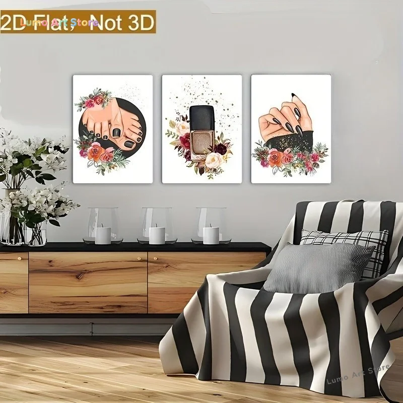2D Flat, 3pcs Modern Nordic Minimalist Vertical Nail Art Wall Decor Suitable for Beauty Salon & Pedicure Room Poster - Framel