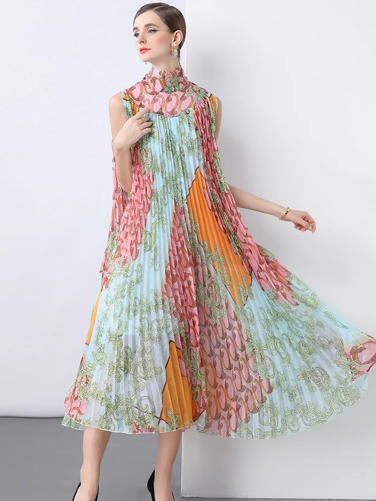 Vestidos de fiesta con estampado de cuello levantado para mujer, vestido largo plisado para fiesta de boda, vestidos de noche de Gala sin mangas de lujo con cinturón