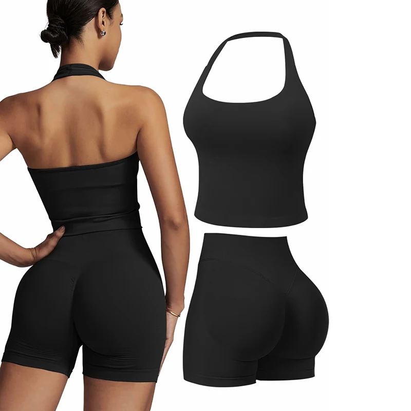 2PCS Women's Seamless Halter Neck Sports Bra High Waist Tummy Control Butt Lift Fitness Yoga Wear Push up Shorts Set
