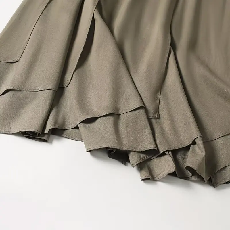 Dave&Di Fashion Office Ladies High Waist A-line Skirt Linen Viscose Blended Skirt Minimalist Army Green Pleated Skirt For Women