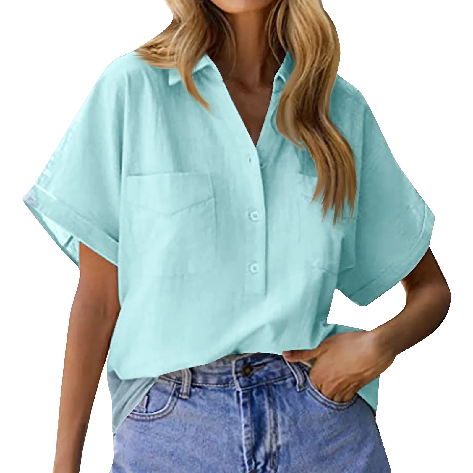 Women New Cotton And Linen Shirt Short-Sleeved Solid Color Double Pocket Pullover Shirts Loose Simple shirts & blouses camisas