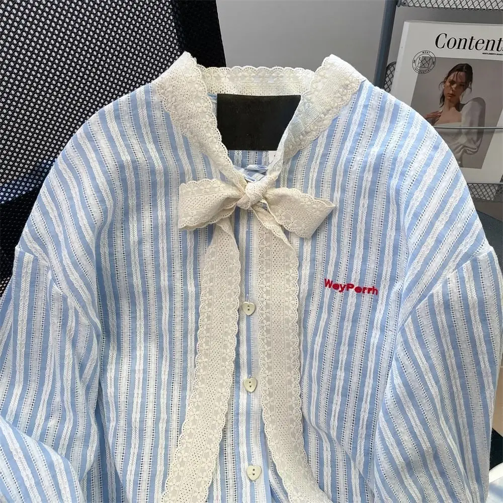 Women Korean Lacing Lace Bow Striped Blouse Spring Summer Temperament Long Sleeve Top Tee Prairie Chic Patchwork Loose Shirts