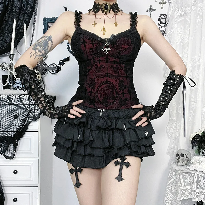 Vintage Mall Gothic Flocking Camisole Lace Patchwork Women Aesthetic Fairycore Grunge Y2k E-girl Beading Crop Tank Tops