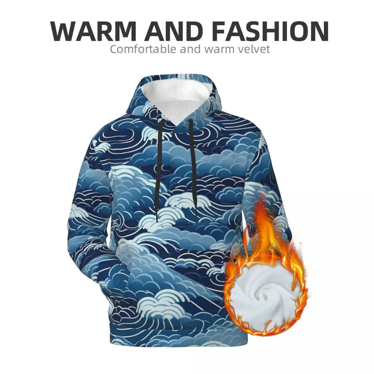 Japanese Seigaiha Loose Hoodies Man Blue Ocean Waves Casual Hoodie Spring Retro Classic Sweatshirts Plus Size