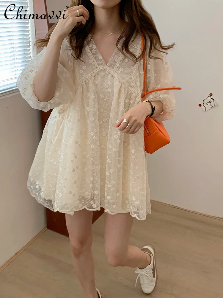 

2024 Summer Dresses New Fashion Sweet Girl Lace Dress for Women Loose V-neck Fairy Temperamental Above Knee Women's Dresses