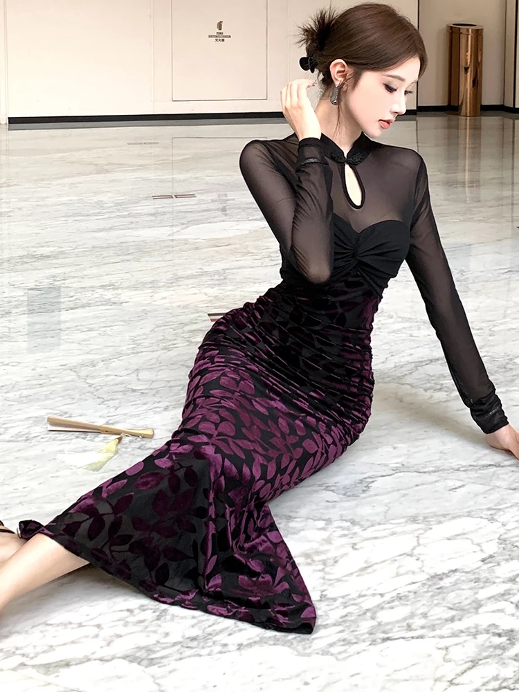 2025 preto jacquard retalhos malha pura sexy vestido longo feminino elegante vestido de noite de luxo outono inverno coreano bodycon vestidos