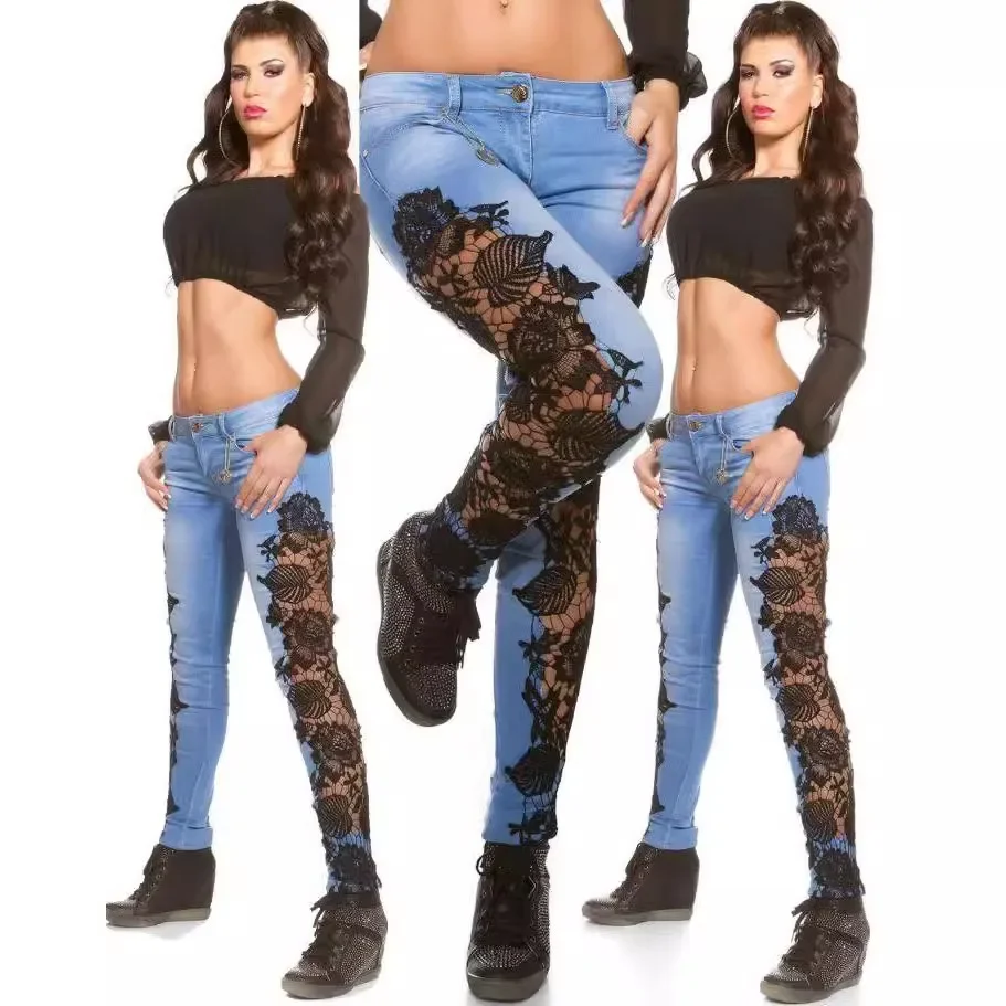 

2025 Lace Jeans Women Denim High Waist Trousers Button Zipper Pencil Pants Bodycon Y2k Streetwear Skinny Ankle Lenth Summer
