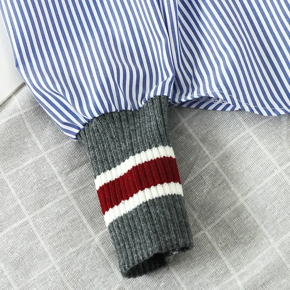 Wiosna Jesień Damskie Koszule Patchworkowe Paski Granatowy Styl Luźna Koszula Retro Długi Rękaw Koszula z Rękawem Latarnia Topy Damskie