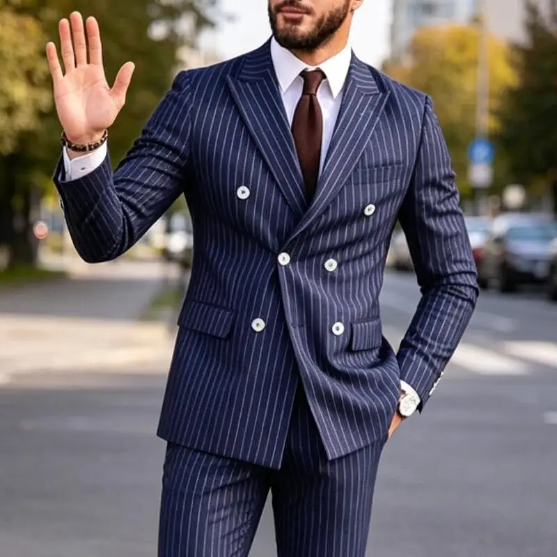 New Navy Blue Striped Men Suits Double Breasted Wedding Groom Groomsmen Suit Male High-End 2 Piece Business Casual Man Clothing