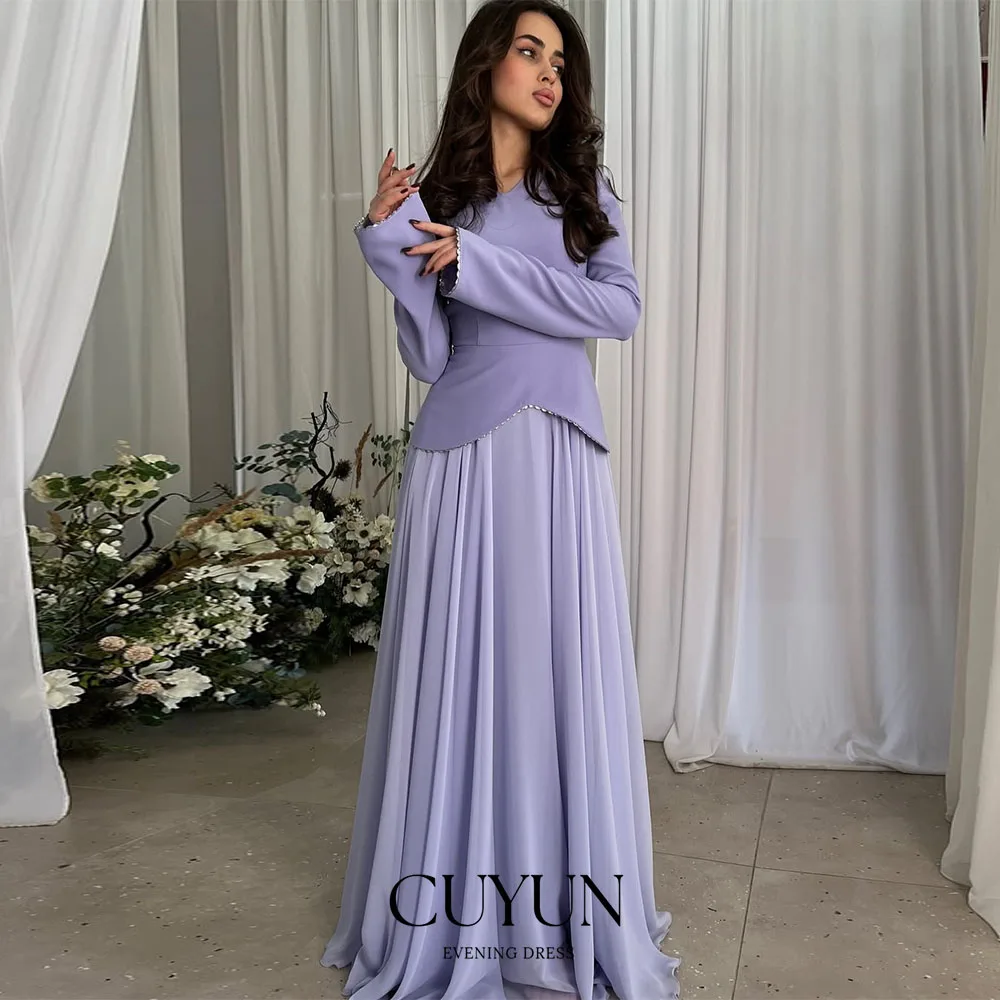 

CUYUN Purple Women Evening Dresses Modest Long Sleeves Formal Event Dresses Customized A Line Saudi Long Prom Party Gown
