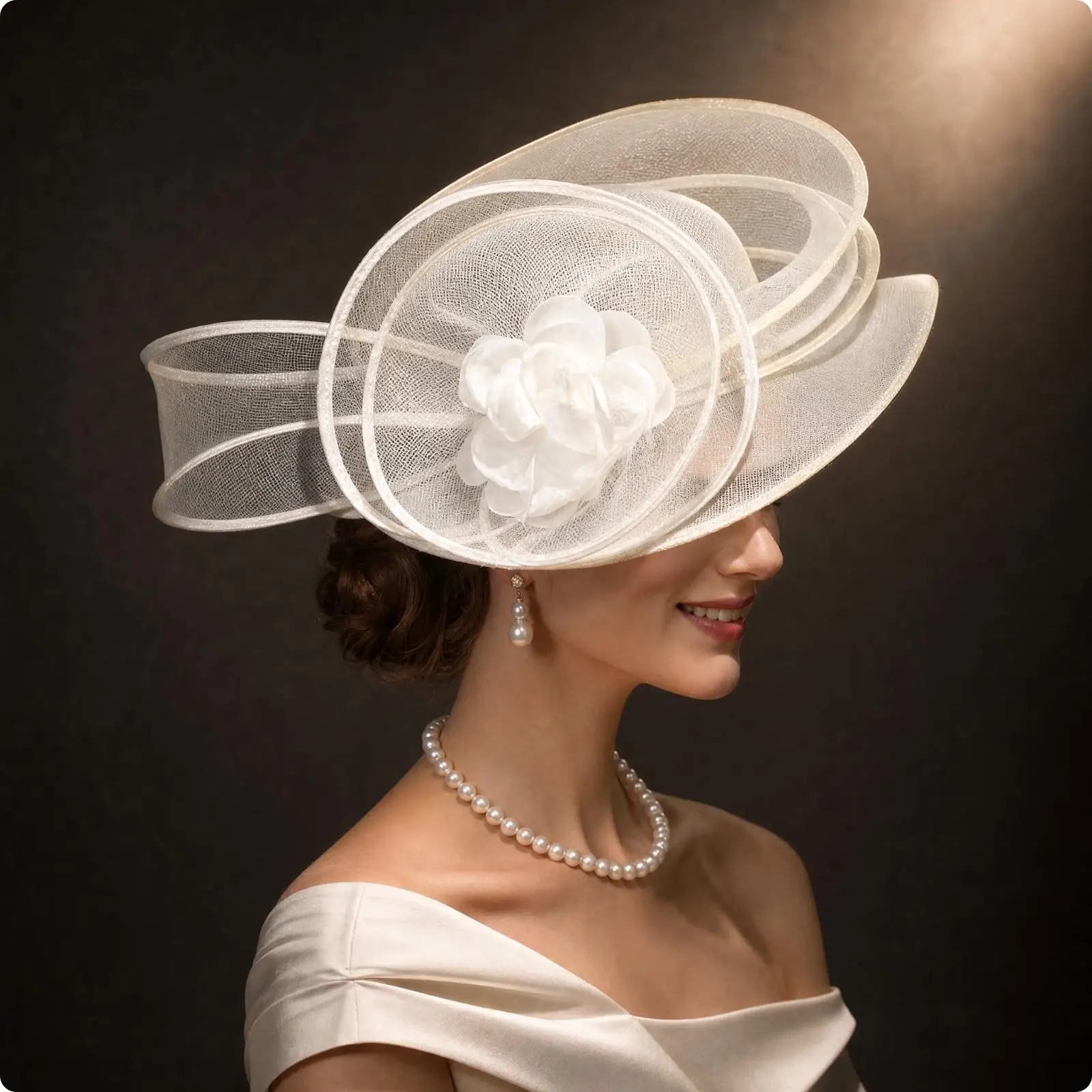 Chic Women Wedding Hat Fascinator for Church Ceremony Tea Party Derby with Dimensional Cloth Flower and Mesh Body