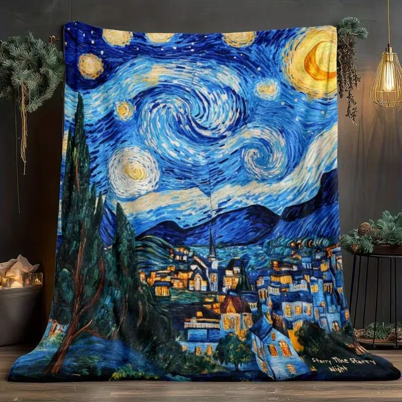 1pc Starry Night, Van Gogh Blanket- Lightweight Flannel Throw for Sofa, Outdoor, Camping, Livingroom, Office, Chair, and Bed