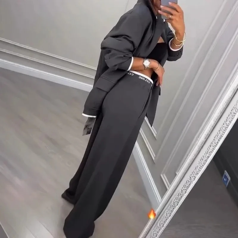 Women's 2 Piece Temperament Long Sleeved Blazer Outfits Office Lady Business Professional Casual Jacket Wide Leg Pants Suit Set