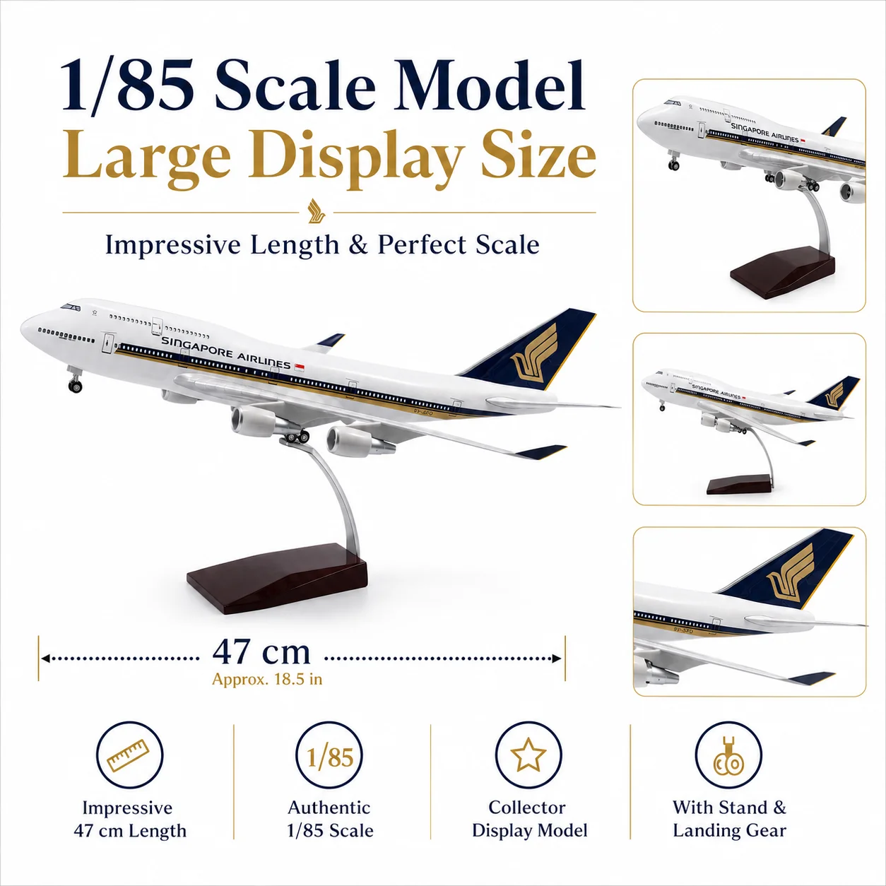 47cm Singapore B747 Aircraft Model With Bracket Landing Gear 1/85 Scale Die-Cast Resin Aviation Collectible Gift
