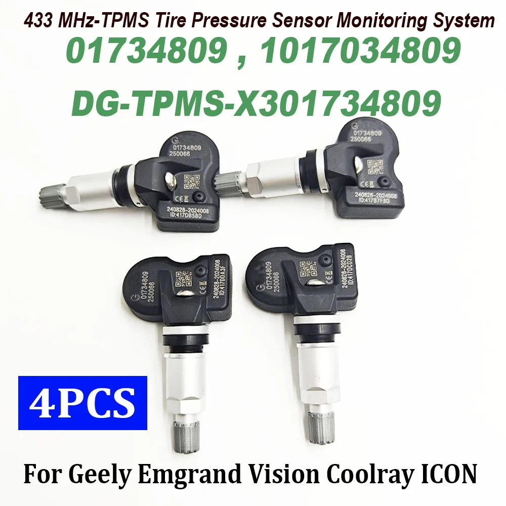 4PCS 01734809 Tire Pressure Monitoring Sensor 433MHz TPMS 1017034809 DG-TPMS-X301734809 For Geely Vision X3 S1 Coolray Binray