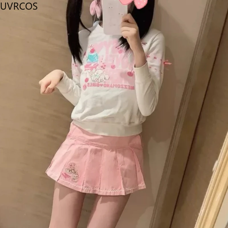 Pink Sweet Japanese Lolita Style Pleated Skirt Women Korean Kawaii Cartoon Embroidery Short Skirts Female Cute Cake Mini Skirts