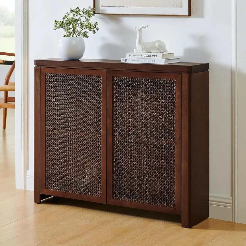 

Walnut Slim Sideboard with 2 Rattan Doors for Kitchen & Living Room Storage