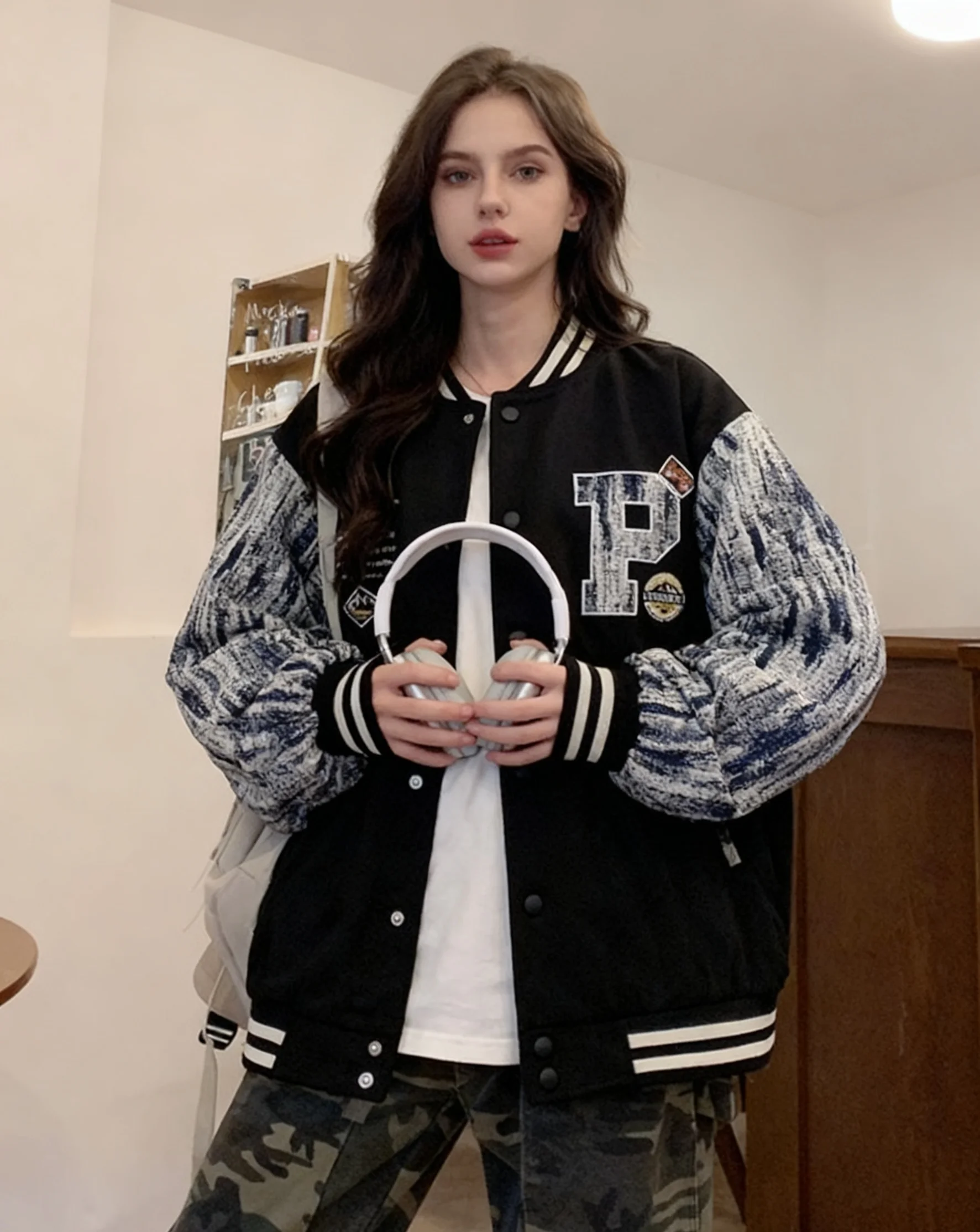 

Бейсбольные куртки Y2K женские весенние с пайетками, эластичные, из овечьей шерсти, в стиле Харадзюку, широкие, износостойкие, тонкие, на шнурке, блестящие, с узором «рыбья кость», шикарные