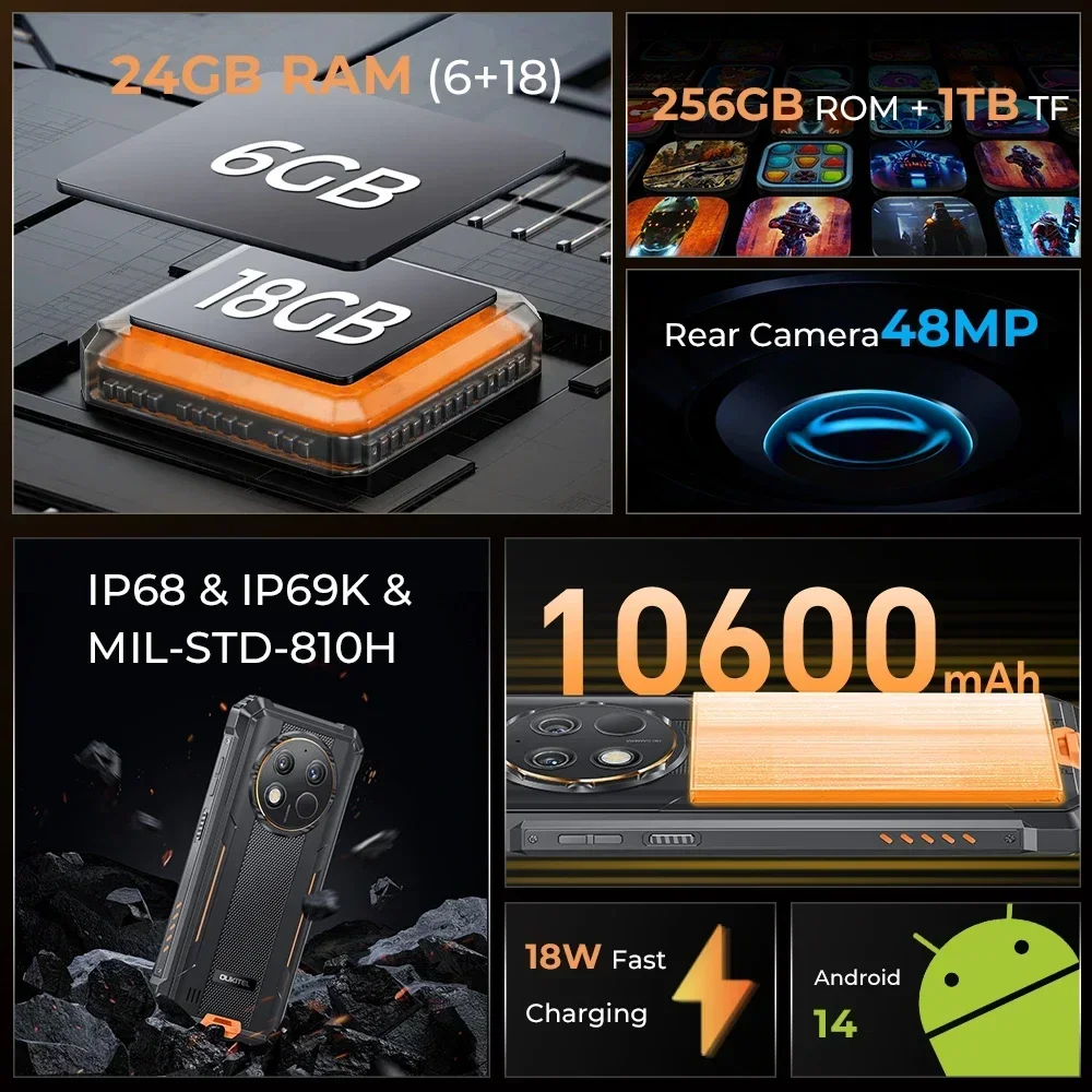 Oukitel G1 24GB + 256GB Celular 6,52 '' HD + 10600mAh Android14 48MP Câmera Smartphone robusto