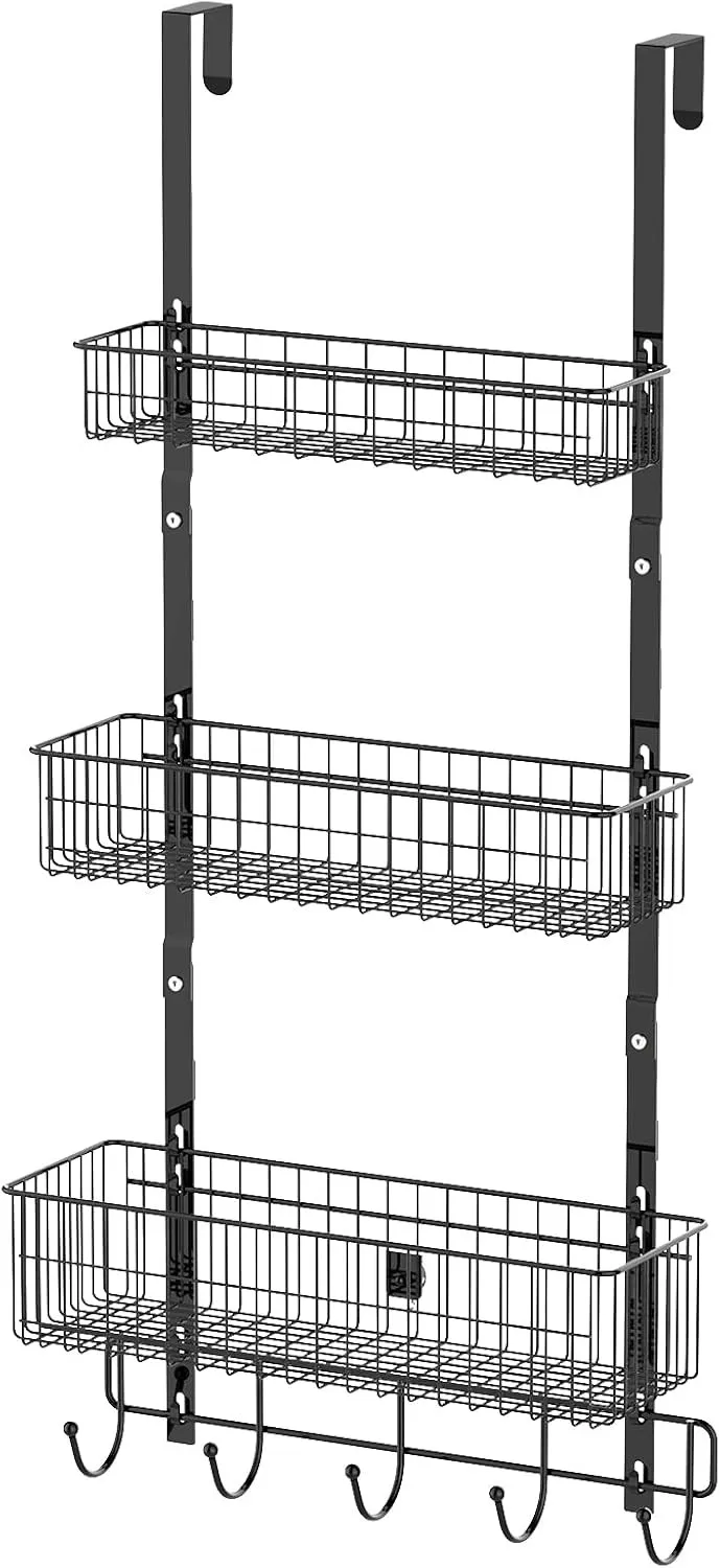 

A storage basket is hung on the door, and behind it, there is a towel rack with hooks.