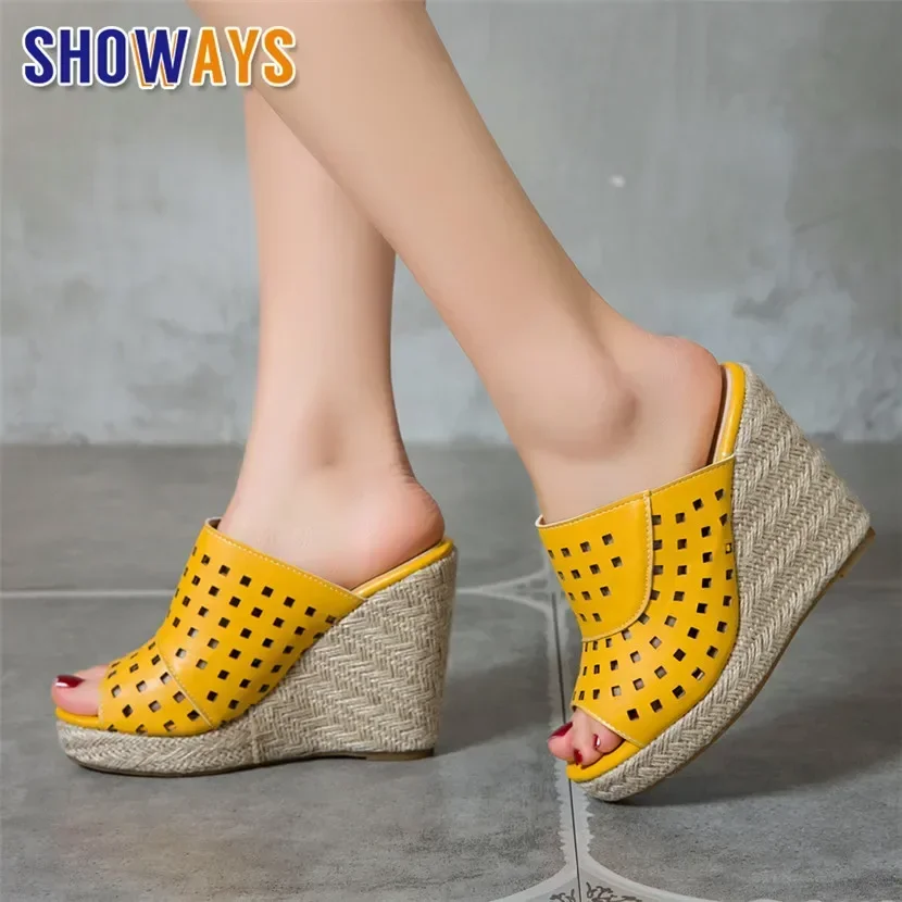 Cool Women Platform Slippers Red Blue White Punched Out PU High Thick Heels Mules Casual Club Ladies Peep Toe Hemp Wedge Sandals