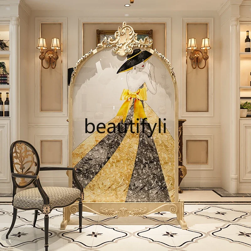 

Modern light luxury screen partition office porch blocking mobile carved seat screen B & B character enamel color