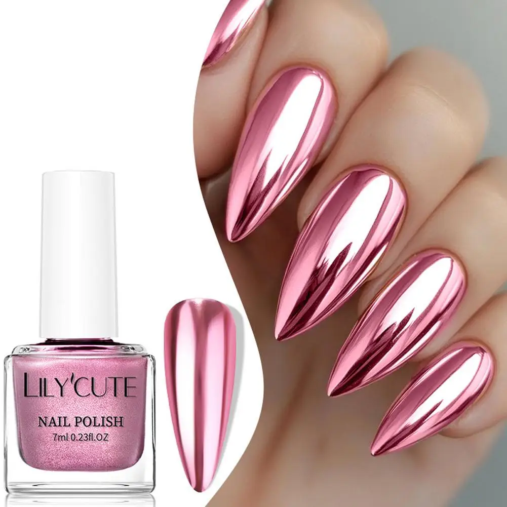 LILYCUTE 7ml Super Bright Mirror Metallic Nail Polish No Need of LED Lamp Quick Air Dry Long Lasting Nail Polish Mirror Effect