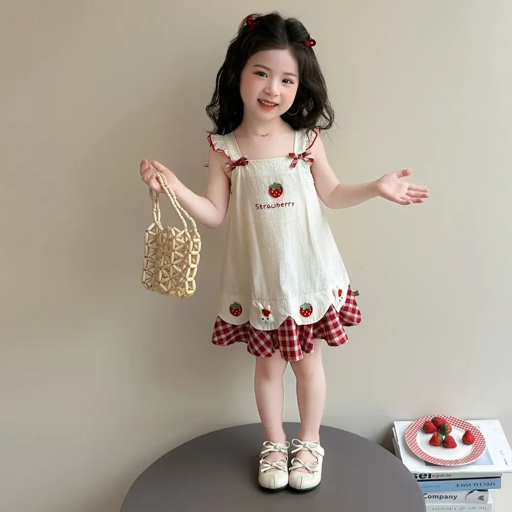 Strawberry Embroidery Girls Summer Dress Sleeveless Square Neckline Toddler Sundress Gingham Plaid Ruffled Hem Princess Dress