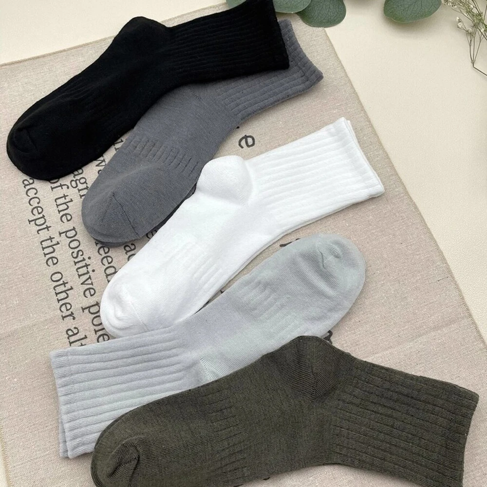 5 Pairs Men Solid Color Vertical Stripe Mid Tube Socks Trendy Versatile Round Neck Sock Breathable Sweat Absorbing Casual Socks