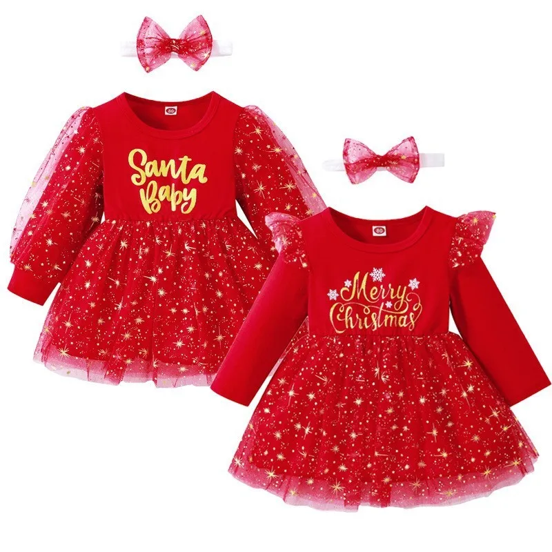 Christmas Baby Girl Red Cute Lace Sequins Long Sleeve Puffy Hairpin Dress with Bow for Daily Casual Party Birthday Gift for Girl